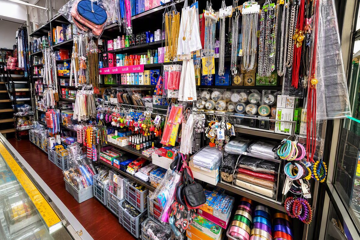 Shelves packed with necklaces, cosmetics, keychains and accessories at Gamini Trade Center