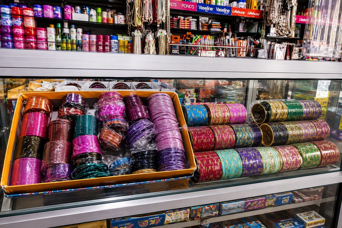 Colourful glass bangles arranged in trays