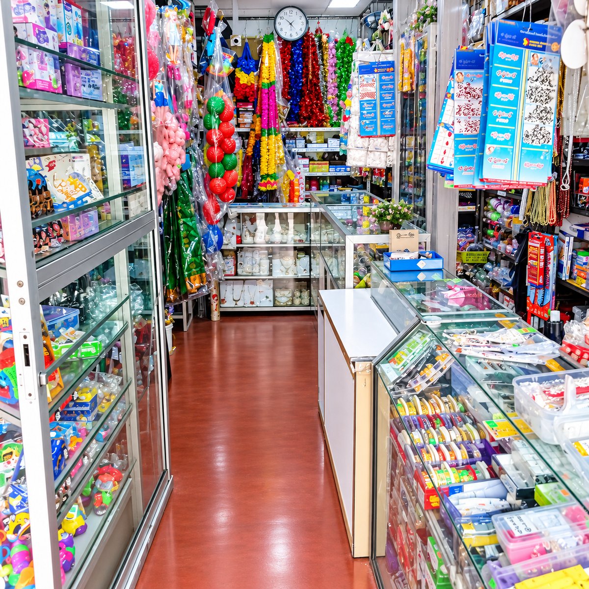 Inside Gamini Trade Center, shelves stocked with toys, fancy items and stationery